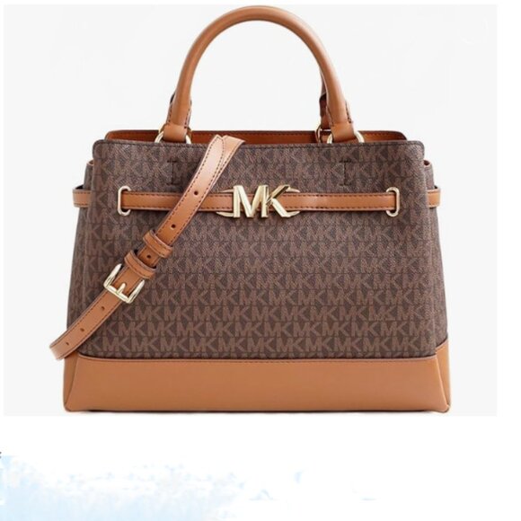 Michael Korse Reed Large Leather Belted Satchel Crossbody Brown - Picture 1 of 16